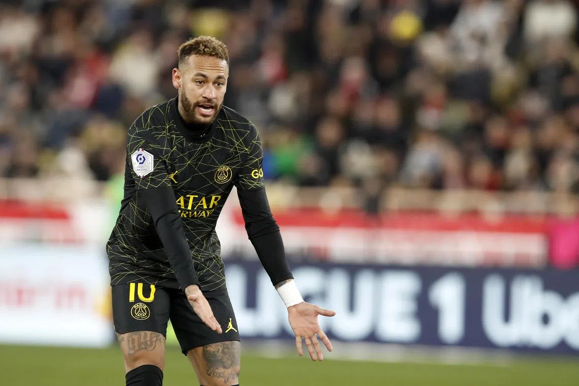 PSG's Neymar reacts during the match against Monaco.
