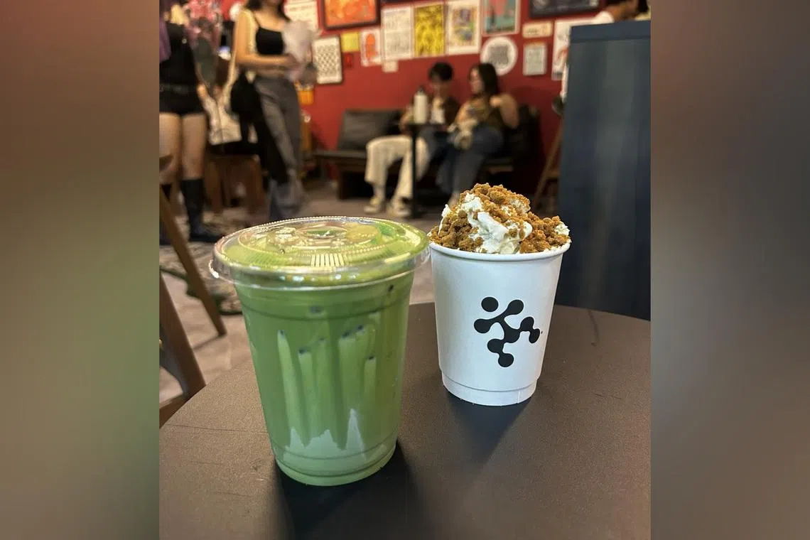 Matcha latte and banana pudding from Haus Coffee.