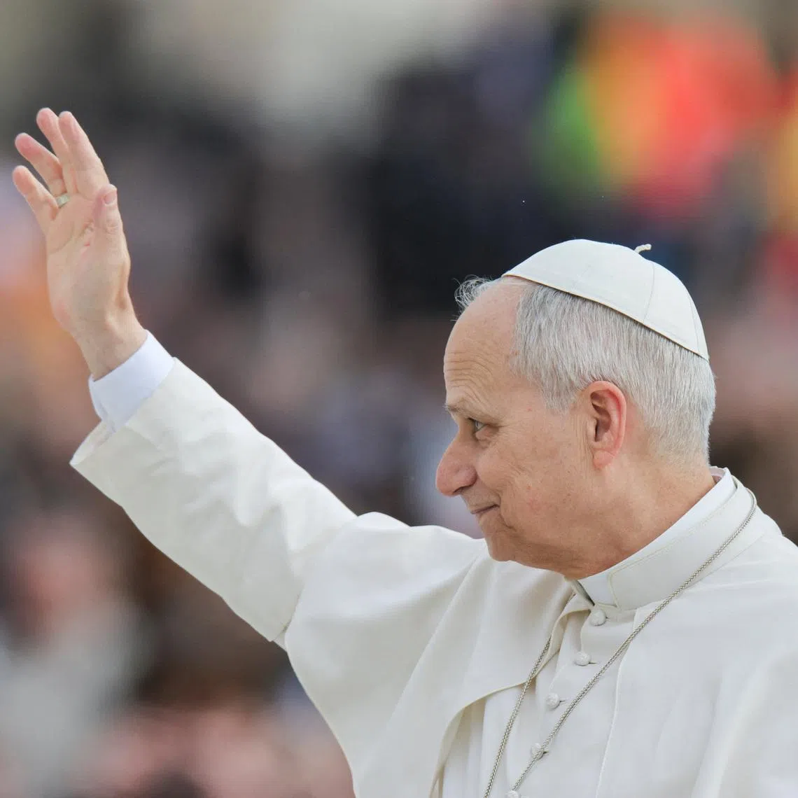 Pope Leo XIV waves on the day he holds the weekly general audience in Saint Peter's Square at the Vatican, March 11, 2026. REUTERS/Yara Nardi