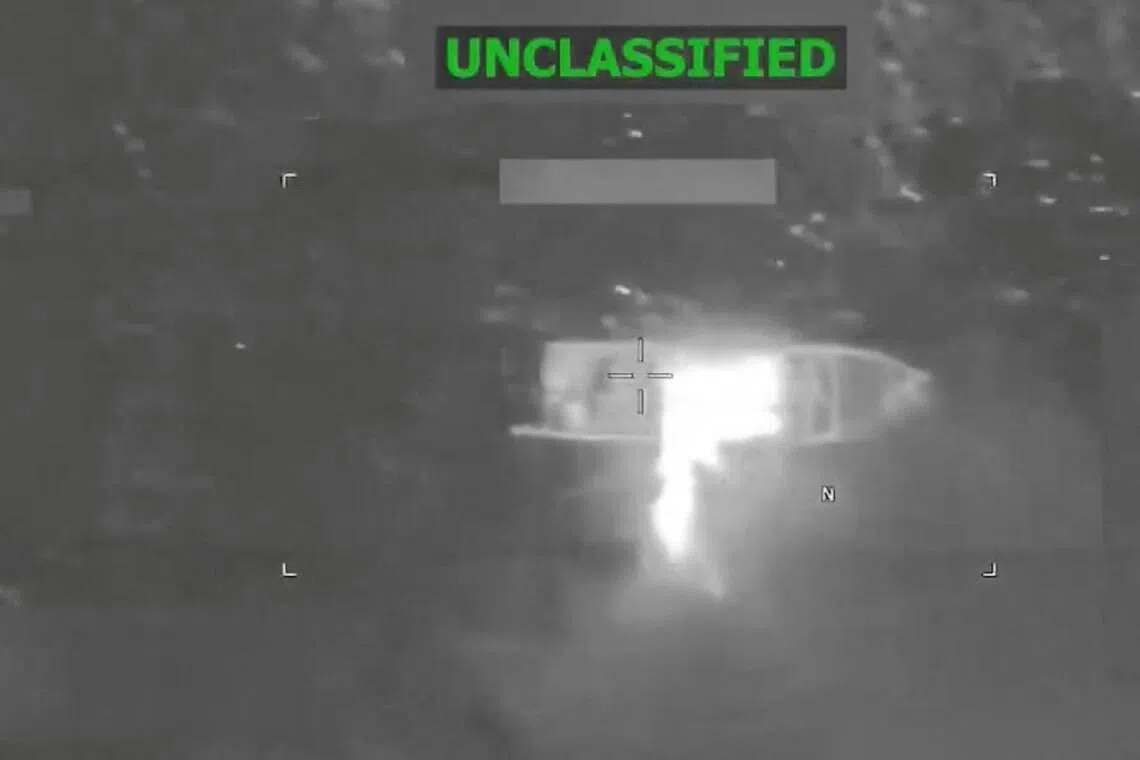 A screengrab from a video posted on Feb 20, 2026, shows a vessel being struck at the direction of Commander General Francis Donovan while allegedly transiting along narco-trafficking routes in international waters, on February 20, 2026.