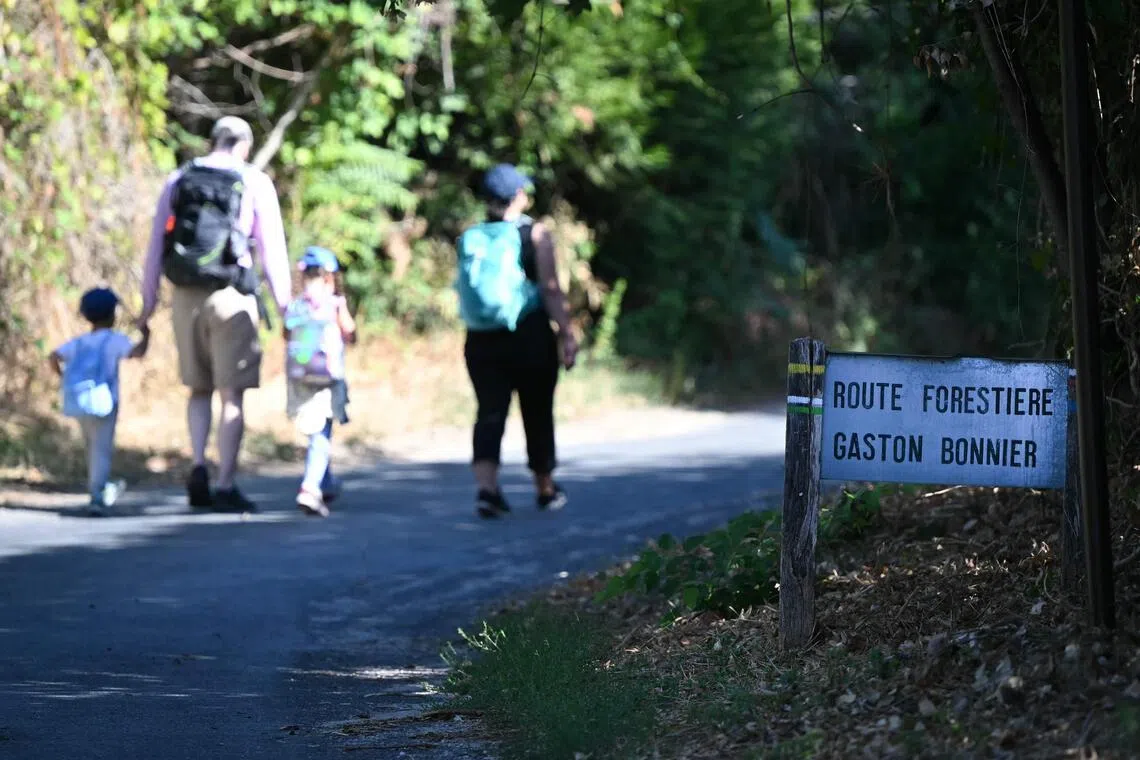 Visitors walk into the Fontainebleau forest from the Fontainebleau Avon rail station, near Avon, in the Paris Ile-de-France region on Aug 22.