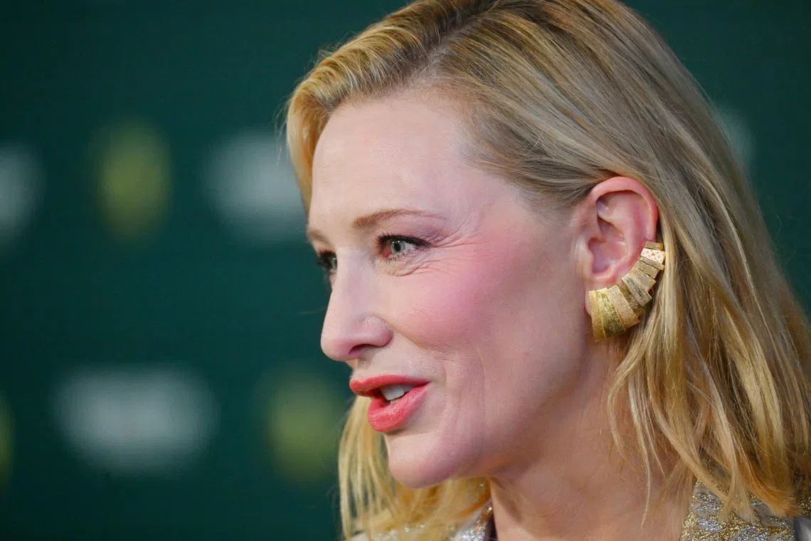 Australian actress Cate Blanchett speaking to the media on the green carpet ahead of the Earthshot Prize Awards ceremony at Mediacorp Campus on Nov 7, 2023.