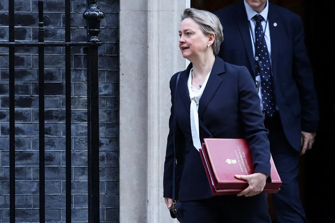FILE PHOTO: British Foreign Secretary Yvette Cooper leaves following a cabinet meeting at Downing Street, in London, Britain, March 3, 2026. REUTERS/Toby Melville/File Photo