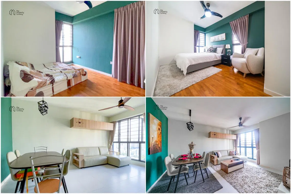 A four-bedroom Housing Board flat at SkyTerrace@Dawson, before (left) and after home staging.