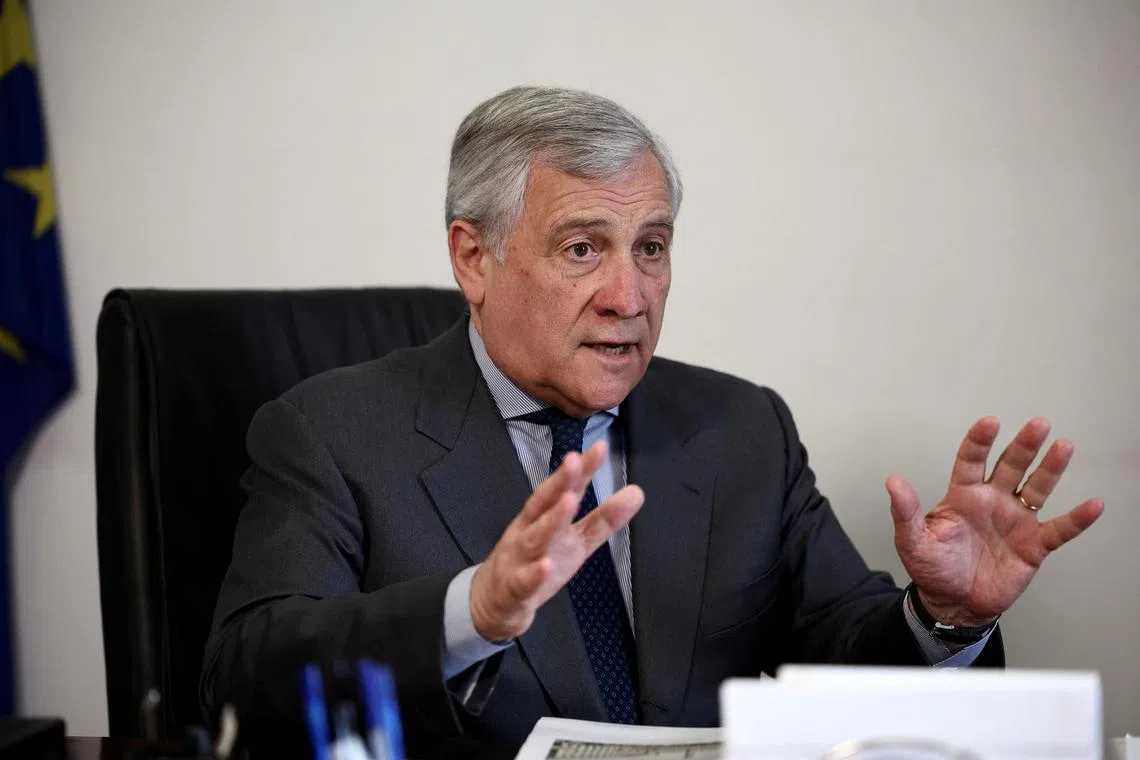 FILE PHOTO: Italian Foreign Minister Antonio Tajani gestures as he speaks during an interview with Reuters in Rome, Italy, April 15, 2024. REUTERS/Guglielmo Mangiapane/File Photo