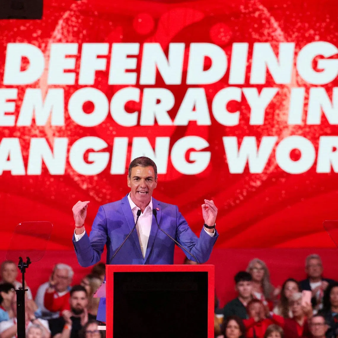 Spain's Prime Minister Pedro Sanchez speaks at the Global Progressive Mobilisation in Barcelona, Spain, April 18, 2026. REUTERS/Nacho Doce