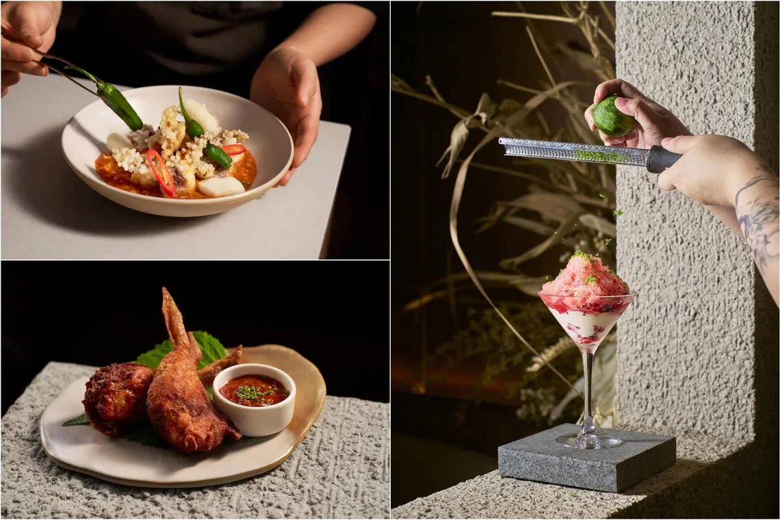 (Clockwise from top left) Gu:um's Gochujang Soft Shell Chilli Crab, Red & White Bingsu and Mandu Wings.