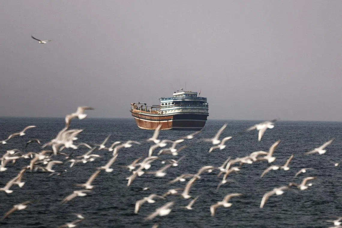 FILE PHOTO: Birds fly near a boat in the Strait of Hormuz amid the U.S.-Israeli conflict with Iran, as seen from Musandam, Oman, March 2, 2026.REUTERS/Amr Alfiky/File Photo