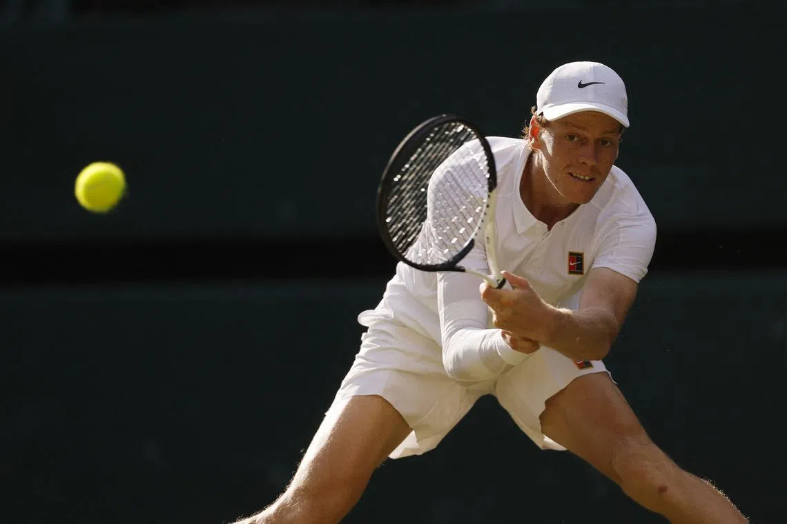 Tennis - Wimbledon - All England Lawn Tennis and Croquet Club, London, Britain - July 13, 2025 Italy's Jannik Sinner in action during the men's singles final against Spain's Carlos Alcaraz REUTERS/Andrew Couldridge