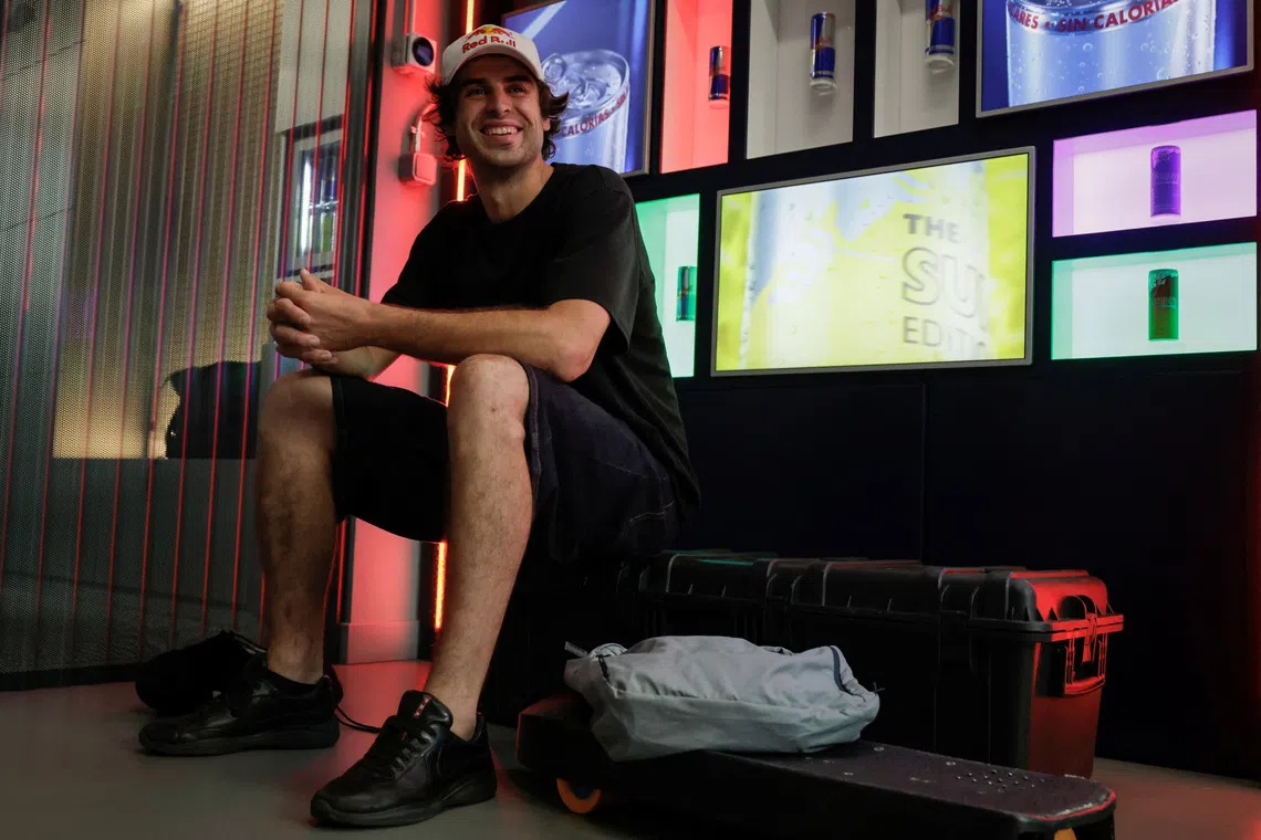 Spanish downhill skateboarder Diego Poncelet poses for a photo after an interview on breaking the world speed record on a skateboard, in Madrid, Spain, October 14, 2026. REUTERS/Violeta Santos Moura