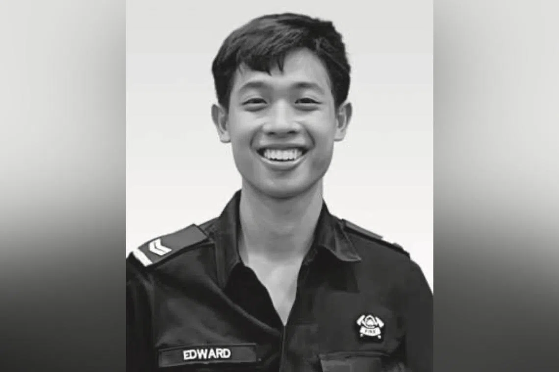 Corporal Edward H Go, 19, died on Thursday after fighting a fire ar a unit in Henderson Road.