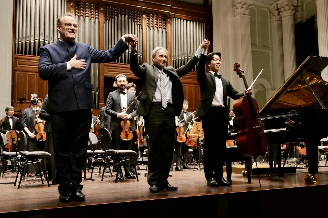 (From left) Conductor Robert Casteels, pianist Tedd Joselson and cellist Hang-oh Cho played Brahms' Second Piano Concerto in B flat major (Op.83).