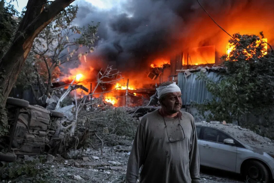 A resident standing at a site of a Russian drone and missile strike in Kyiv, Ukraine, on June 2.    