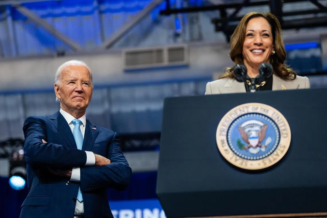 US President Joe Biden and Vice-President Kamala Harris are seen duing a campaign event at Prince George's Community College in Largo, Maryland, on Aug 15, 2024.
