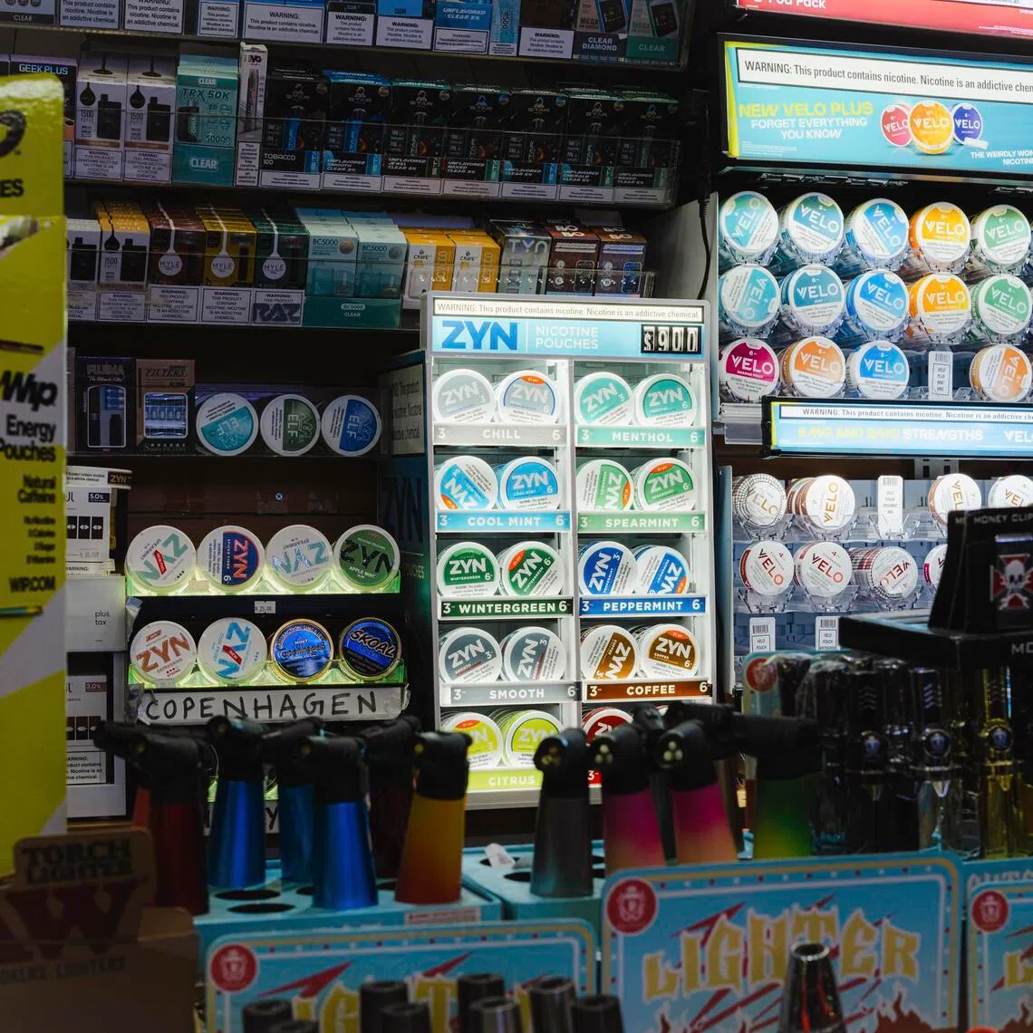 A variety of nicotine pouches, increasingly being used by young people in US, for sale in New York on April 4, 2026.