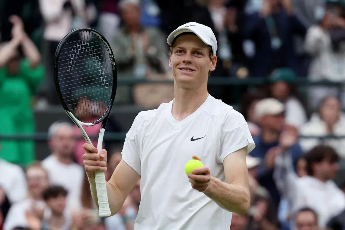Tennis - Wimbledon - All England Lawn Tennis and Croquet Club, London, Britain - July 7, 2024 Italy's Jannik Sinner celebrates after winning his fourth round match against Ben Shelton of the U.S. REUTERS/Paul Childs