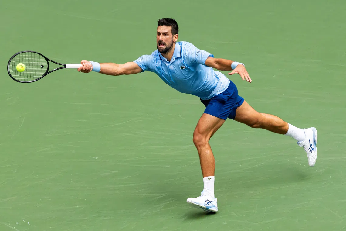 FILE PHOTO: Sep 5, 2025; Flushing, NY, USA; Novak Djokovic of Serbia in action against Carlos Alcaraz of Spain in the semifinal of the men?s singles at the US Open at Arthur Ashe Stadium in Billie Jean King National Tennis Center. Mandatory Credit: Mike Frey-Imagn Images/File Photo