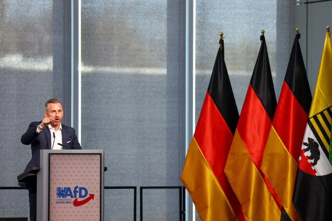 Ulrich Siegmund, top candidate of the far-right Alternative for Germany (AfD) party in Germany's Saxony-Anhalt state election, speaks at a party convention in Magdeburg, Germany, April 11, 2026.