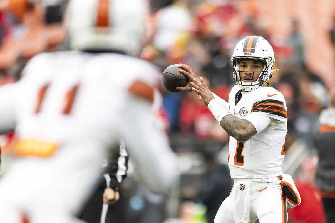 Dec 15, 2024; Cleveland, Ohio, USA; Cleveland Browns quarterback Dorian Thompson-Robinson (17) throws the ball during warm ups before the game against the Kansas City Chiefs at Huntington Bank Field. Scott Galvin-Imagn Images/File Photo