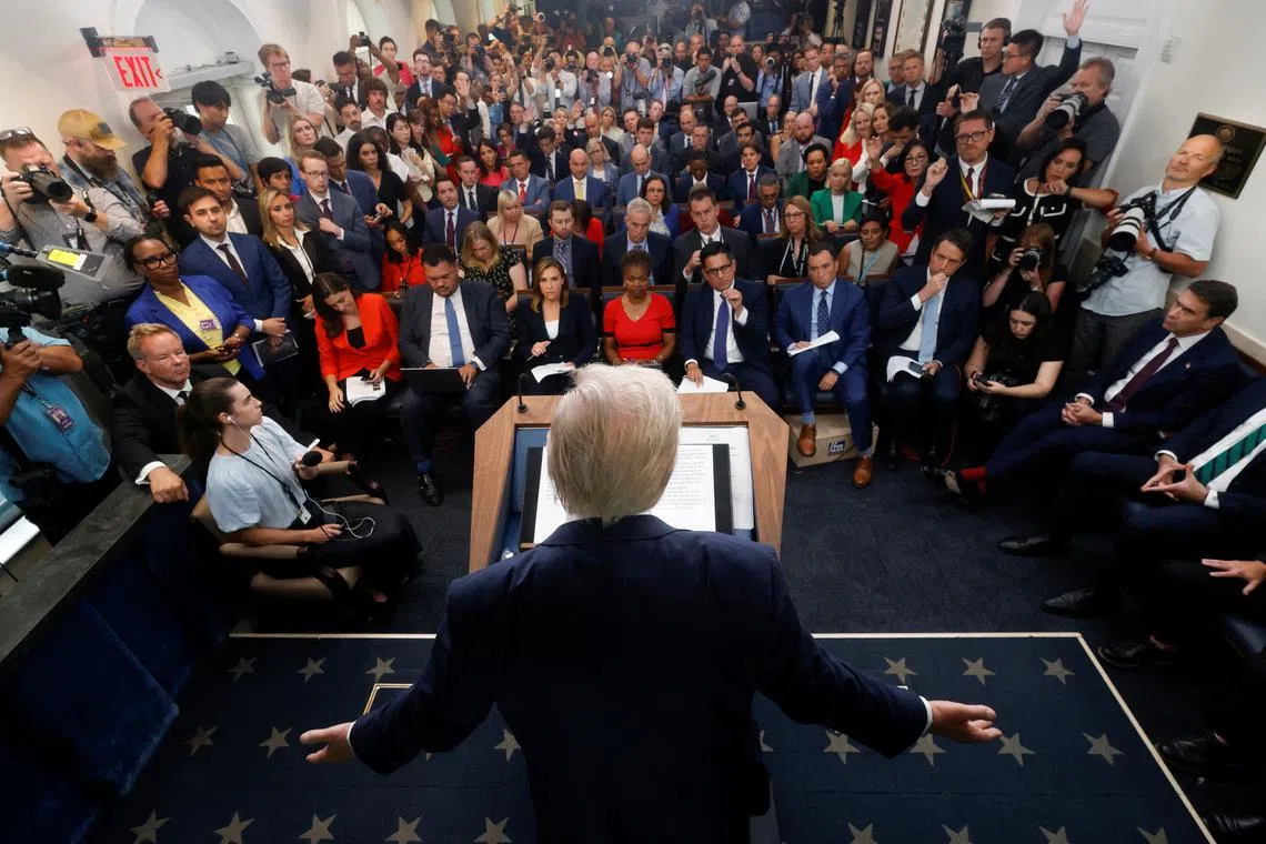U.S. President Donald Trump gestures as he speaks to the press about deploying federal law enforcement agents in Washington to bolster the local police presence, in the Press Briefing Room at the White House, in Washington D.C., U.S., August 11, 2025. REUTERS/Jonathan Ernst