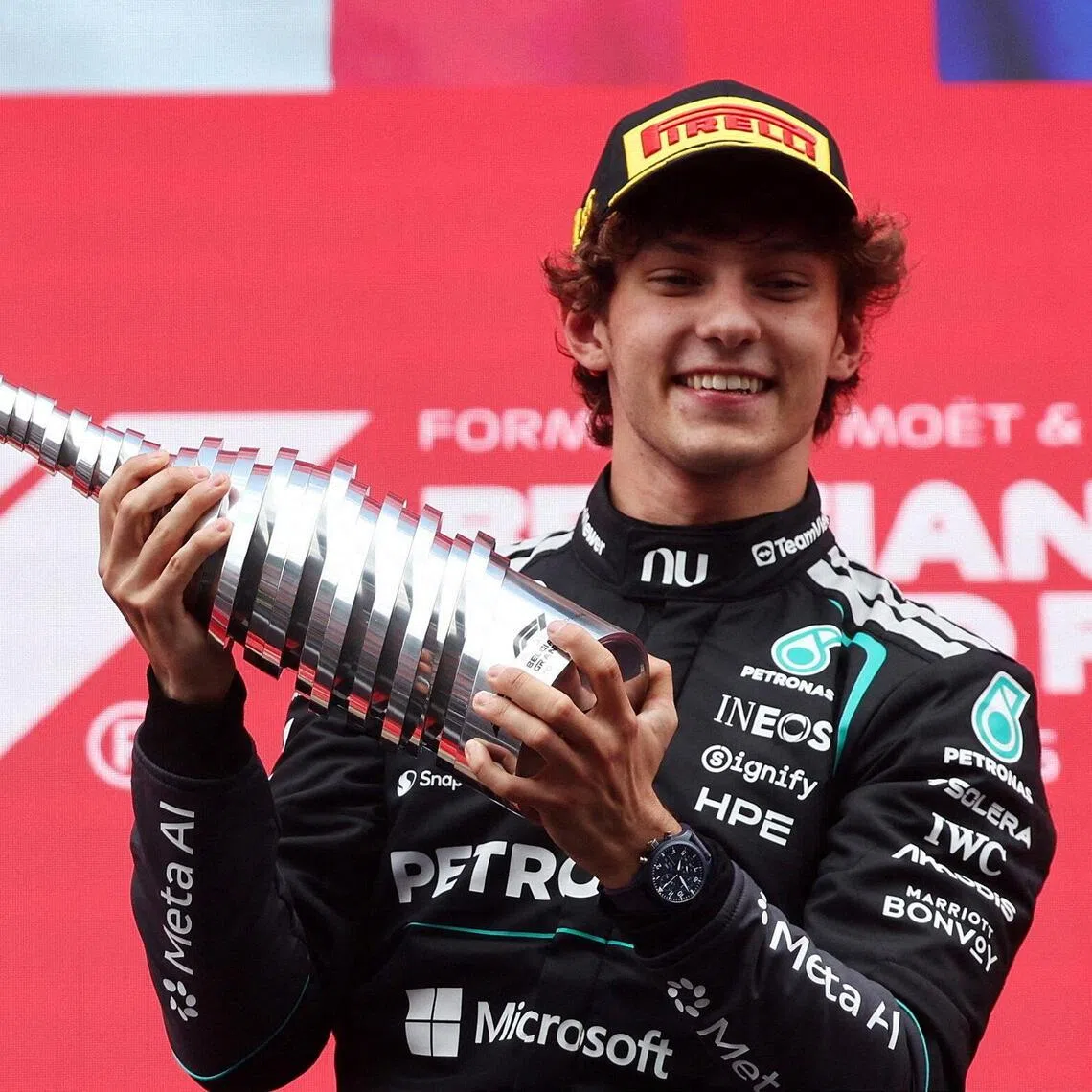 Mercedes’ Kimi Antonelli celebrates after winning the Belgian Grand Prix on July 19.