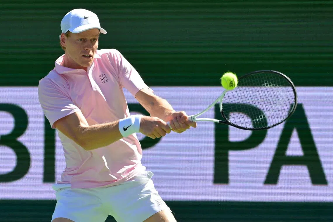 Mar 14, 2026; Indian Wells, CA, USA; Jannik Sinner (ITA) hits a shot as he defeated Alexander Zverev (GER) in the semifinal of the BNP Paribas Open at the Indian Wells Tennis Garden. Mandatory Credit: Jayne Kamin-Oncea-Imagn Images