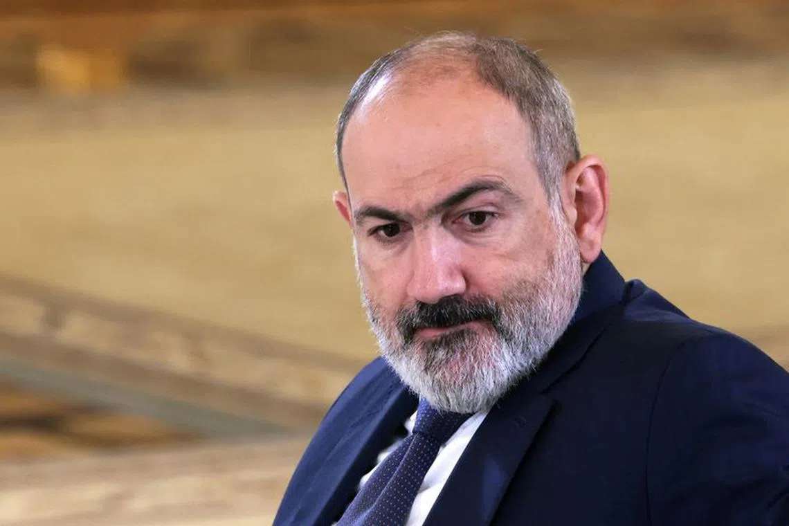 Armenia's Prime Minister Nikol Pashinyan attends a meeting with Russia's President Vladimir Putin and Azerbaijan's President Ilham Aliyev on the sidelines of the Eurasian Economic Union summit in Moscow, Russia May 25, 2023. Sputnik/Mikhail Metzel/Pool via REUTERS/File Photo