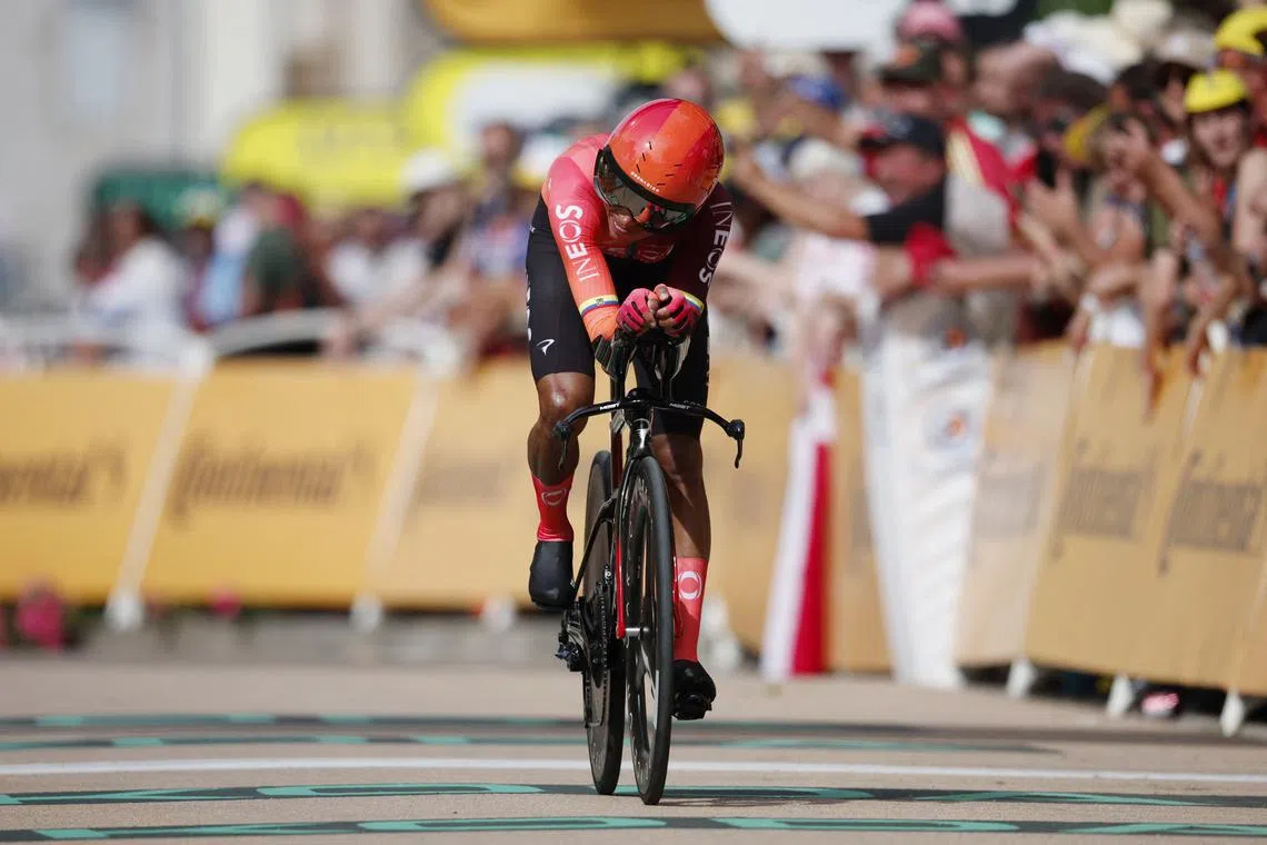 FILE PHOTO: Cycling - Tour de France - Stage 7 - Nuits-Saint-Georges to Gevrey-Chambertin - Nuits-Saint-Georges, France - July 5, 2024 INEOS Grenadiers' Egan Bernal crosses the finish line after stage 7 REUTERS/Stephane Mahe/File Photo