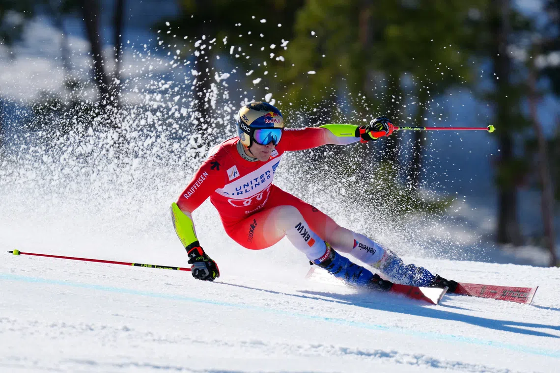Mar 26, 2025; Sun Valley, ID, USA; Marco Odermatt of Switzerland during the second run of the men's giant slalom alpine skiing race in the 2025 FIS Ski World Cup at Sun Valley. Mandatory Credit: Christopher Creveling-Imagn Images