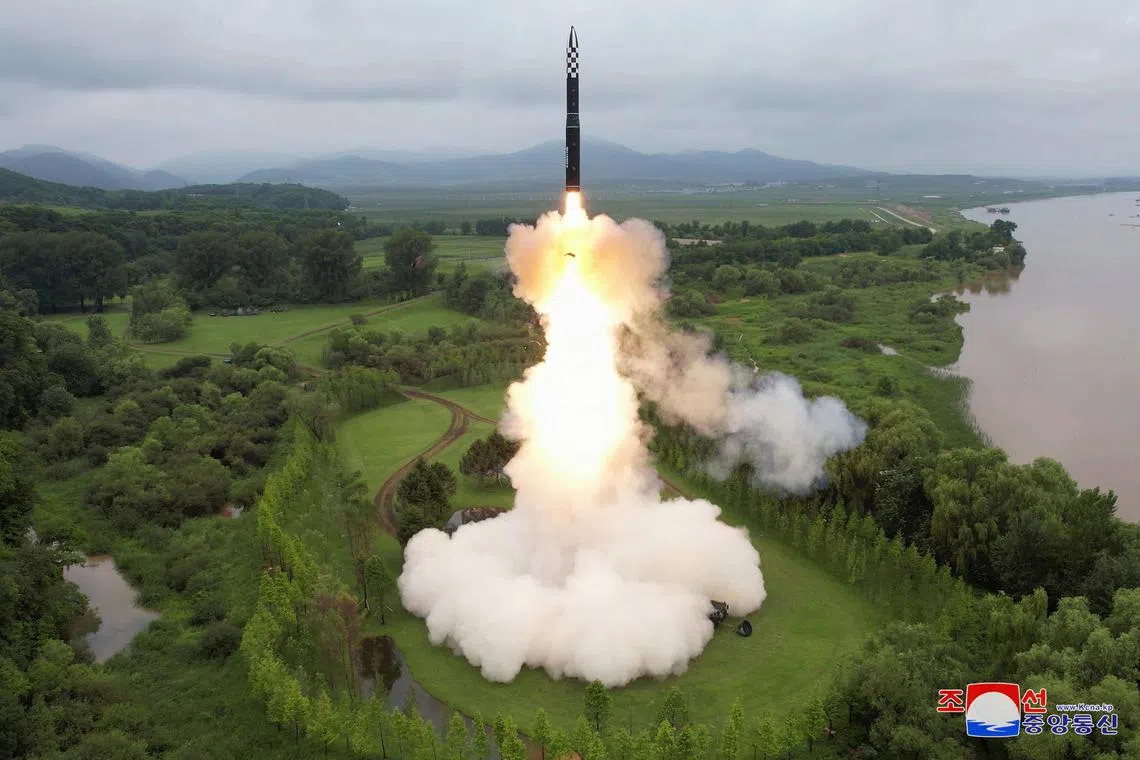 The test-firing of a Hwasong-18 solid-fuel intercontinental ballistic missile (ICBM) at an undisclosed location in North Korea on July 12, 2023. 