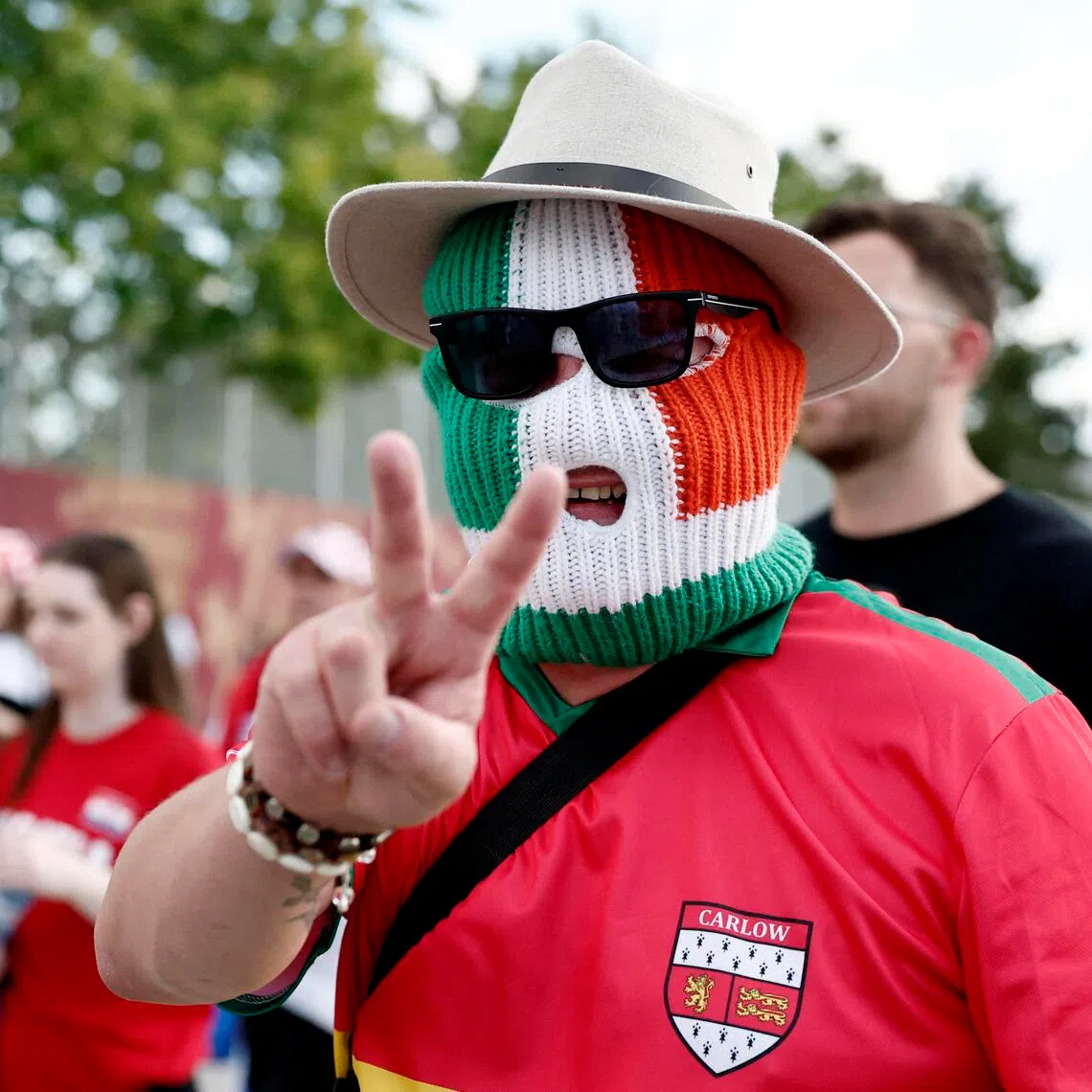 A Republic of Ireland fan wearing a balaclava outside the stadium in June 2026. Ireland are due to play Israel on Sept 27.