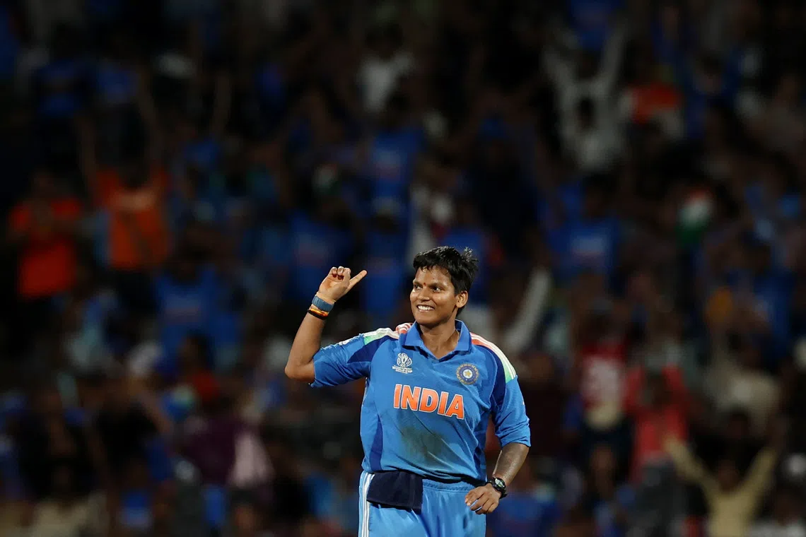 Cricket - ICC Women's World Cup - Final - India v South Africa - DY Patil Stadium, Navi Mumbai, India - November 2, 2025 India's Deepti Sharma celebrates after taking the wicket of South Africa's Annerie Dercksen REUTERS/Francis Mascarenhas