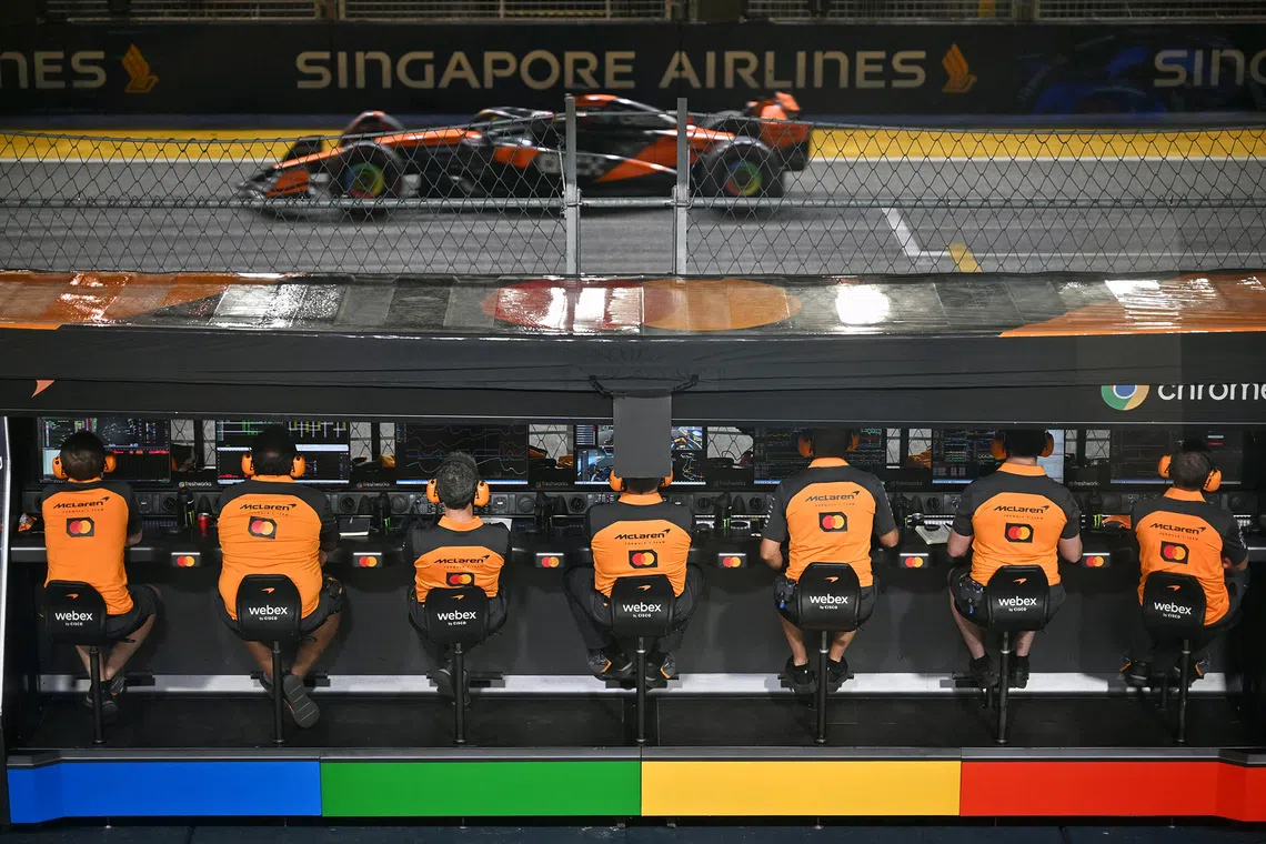 McLaren Formula 1 Team pitwall engineer box is seen during the qualifying session of the 2025 Formula One Singapore Airlines Singapore Grand Prix at the Marina Bay Street Circuit on Oct 4, 2025. 