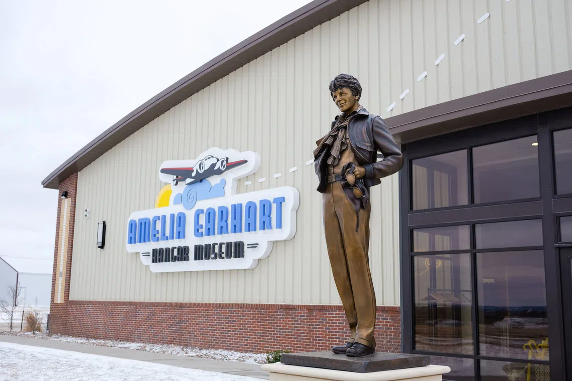 A statue of Amelia Earhart at the Amelia Earhart Hangar Museum in Atchison, Kansas, on Feb 16, 2024.