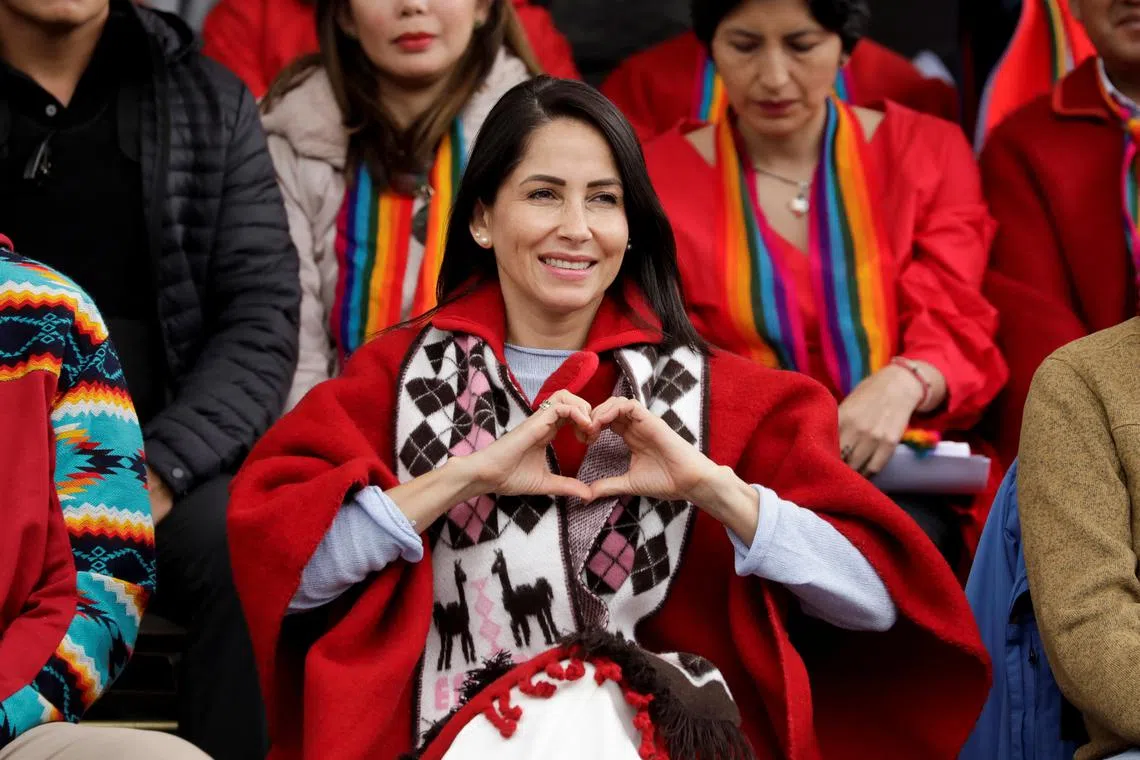 Ecuadorean presidential candidate Luisa Gonzalez of the Revolucion Ciudadana party gestures during a rally to sign an agreement with the indigenous party Pachakutik, in Tixan, Ecuador March 30, 2025. REUTERS/Karen Toro