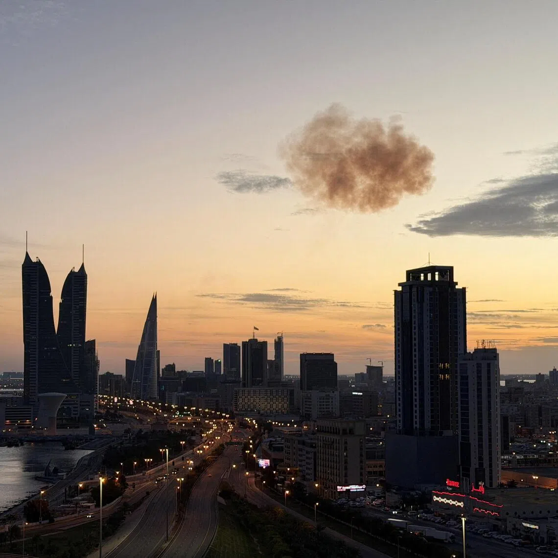 Smoke rising after an Iranian drone was intercepted over the Bahrain Financial Harbour, which houses the Israeli embassy, on March 6.