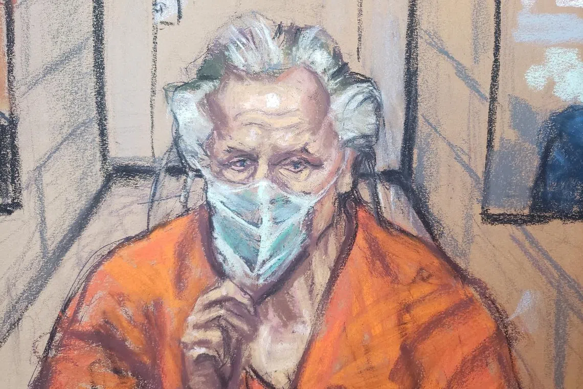 FILE PHOTO: Canadian fashion designer Peter Nygard appears via video feed during his bail hearing in connection with multiple sexual assault charges in a courtroom in Toronto, Ontario, Canada, in this courtroom sketch January 6, 2022. REUTERS/Jane Rosenberg/File Photo