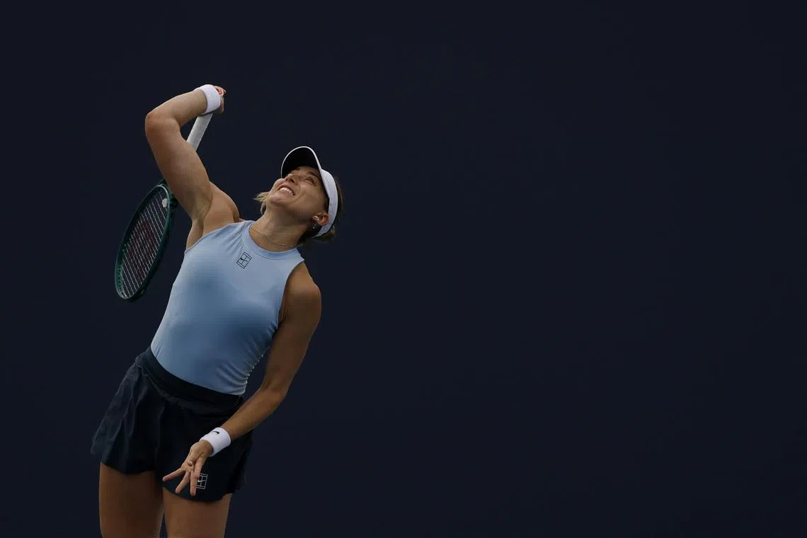 Mar 23, 2025; Miami, FL, USA; Paula Badosa (ESP) serves against Clara Tauson (DEN)(not pictured) on day six of the Miami Open at Hard Rock Stadium. Mandatory Credit: Geoff Burke-Imagn Images/File Photo