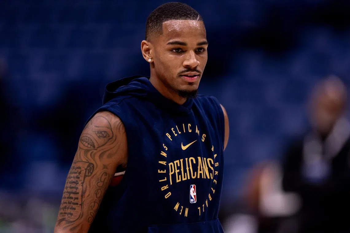 Oct 23, 2024; New Orleans, Louisiana, USA;  New Orleans Pelicans guard Dejounte Murray (5) during warmups before the game against the Chicago Bulls at Smoothie King Center. Mandatory Credit: Stephen Lew-Imagn Images