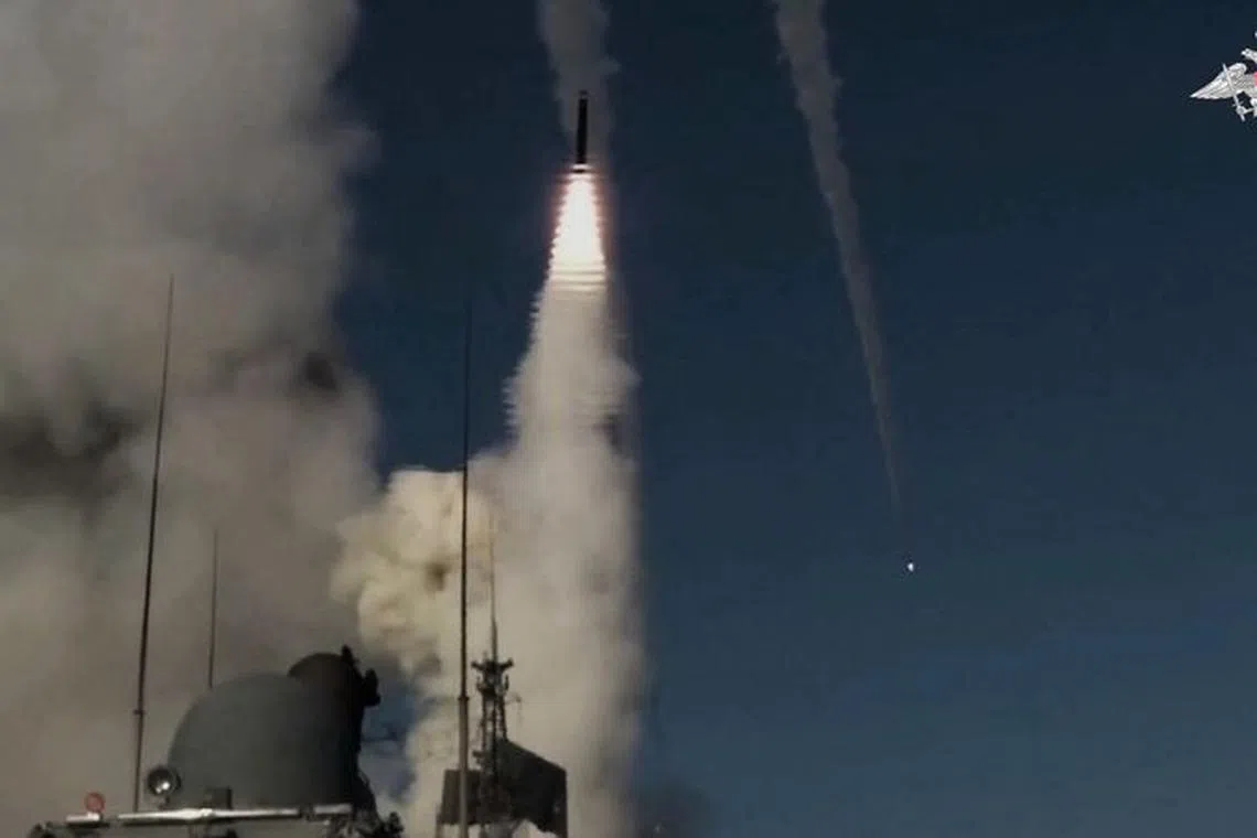 A frigate of the Russian Black Sea Fleet launches a Kalibr cruise missile at Ukraine's military infrastructure, according to Russian Defence Ministry, in the Black Sea, in this still image taken from video released November 29. 2023. Russian Defence Ministry/Handout via REUTERS