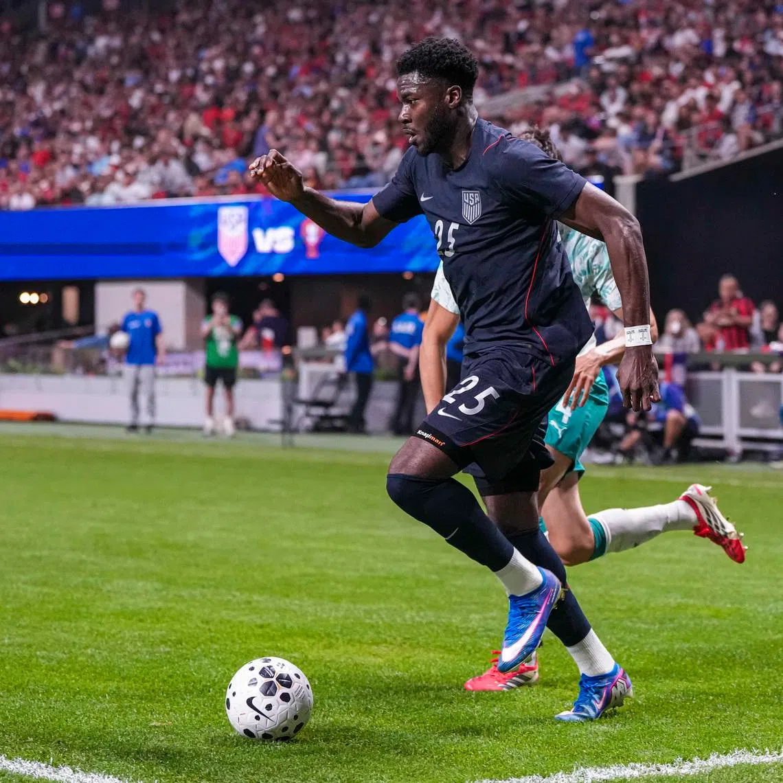 Mar 31, 2026; Atlanta, Georgia, USA; United States forward Patrick Agyemang (25) controls the ball against Portugal at Mercedes-Benz Stadium. Mandatory Credit: Dale Zanine-Imagn Images