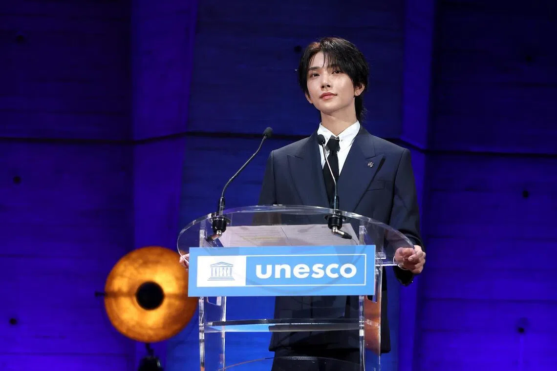 PARIS, FRANCE - JUNE 25: Joshua Hong gives a speech during the launch of the Global Youth Grant Scheme Scale-Up Phase at UNESCO on June 25, 2026 in Paris, France. (Photo by Aurore Marechal/Getty Images)