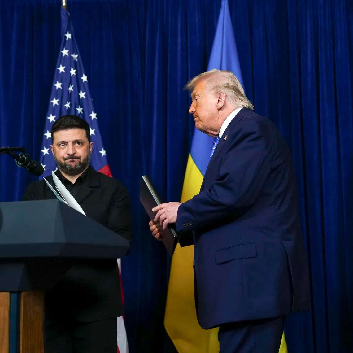 Ukrainian President Volodymyr Zelensky and US President Donald Trump at Mar-a-Lago in Palm Beach, Florida on Dec 28, 2025. 