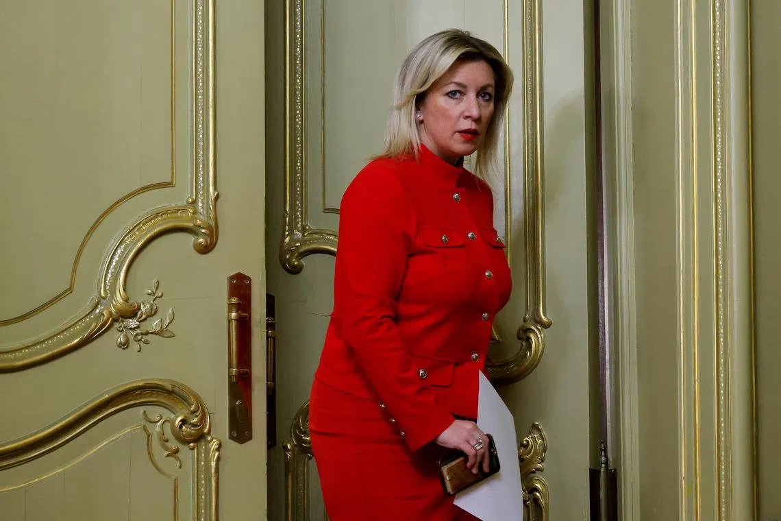FILE PHOTO: Spokeswoman of Russia's Foreign Ministry Maria Zakharova attends a joint press conference of Russian Foreign Minister Sergei Lavrov and OSCE Secretary General Feridun Sinirlioglu in Moscow, Russia March 11, 2025. REUTERS/Maxim Shemetov/Pool/File Photo