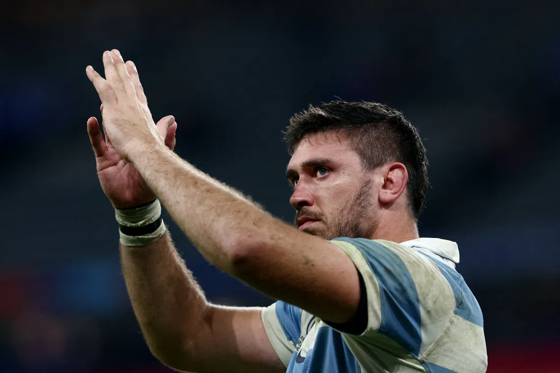Rugby Union - Rugby World Cup 2023 - Semi Final - Argentina v New Zealand - Stade de France, Saint-Denis, France - October 20, 2023 Argentina's Matias Alemanno applauds the fans after the match as Argentina are eliminated from the World Cup REUTERS/Stephanie Lecocq