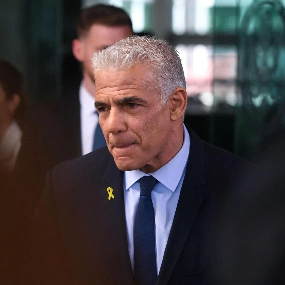 Israeli opposition leader Yair Lapid speaking to reporters after meeting  US Secretary of State Antony Blinken at the US State Department on April 8.