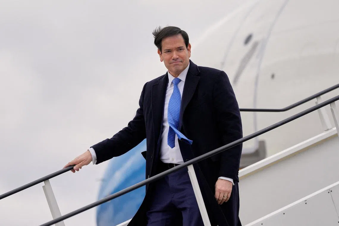U.S. Secretary of State Marco Rubio arrives at Bratislava Airport in Bratislava, Slovakia, Sunday, Feb. 15, 2026.     Alex Brandon/Pool via REUTERS