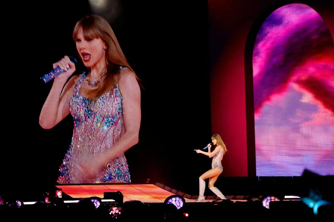 Singer Taylor Swift performs at her concert for the international "The Eras Tour" in Tokyo on Feb 7.