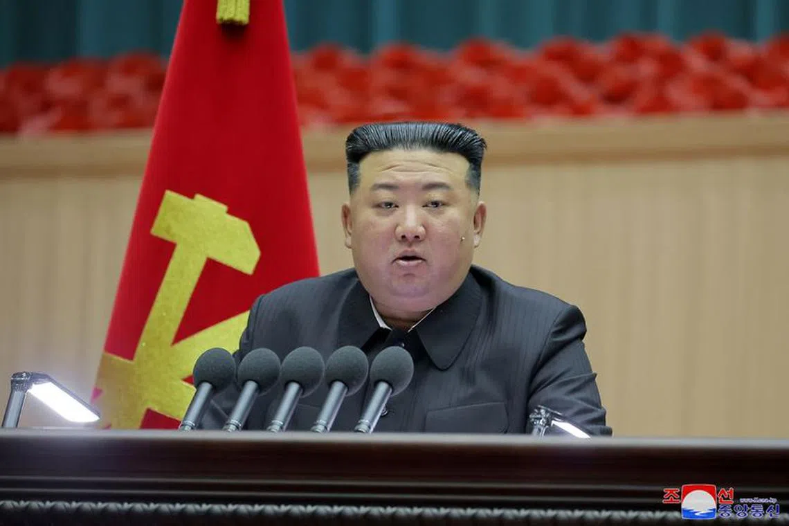 North Korea's leader Kim Jong Un speaks at the 5th National Meeting of Mothers in Pyongyang in this picture released by the Korean Central News Agency on December 5, 2023. KCNA via REUTERS/File Photo