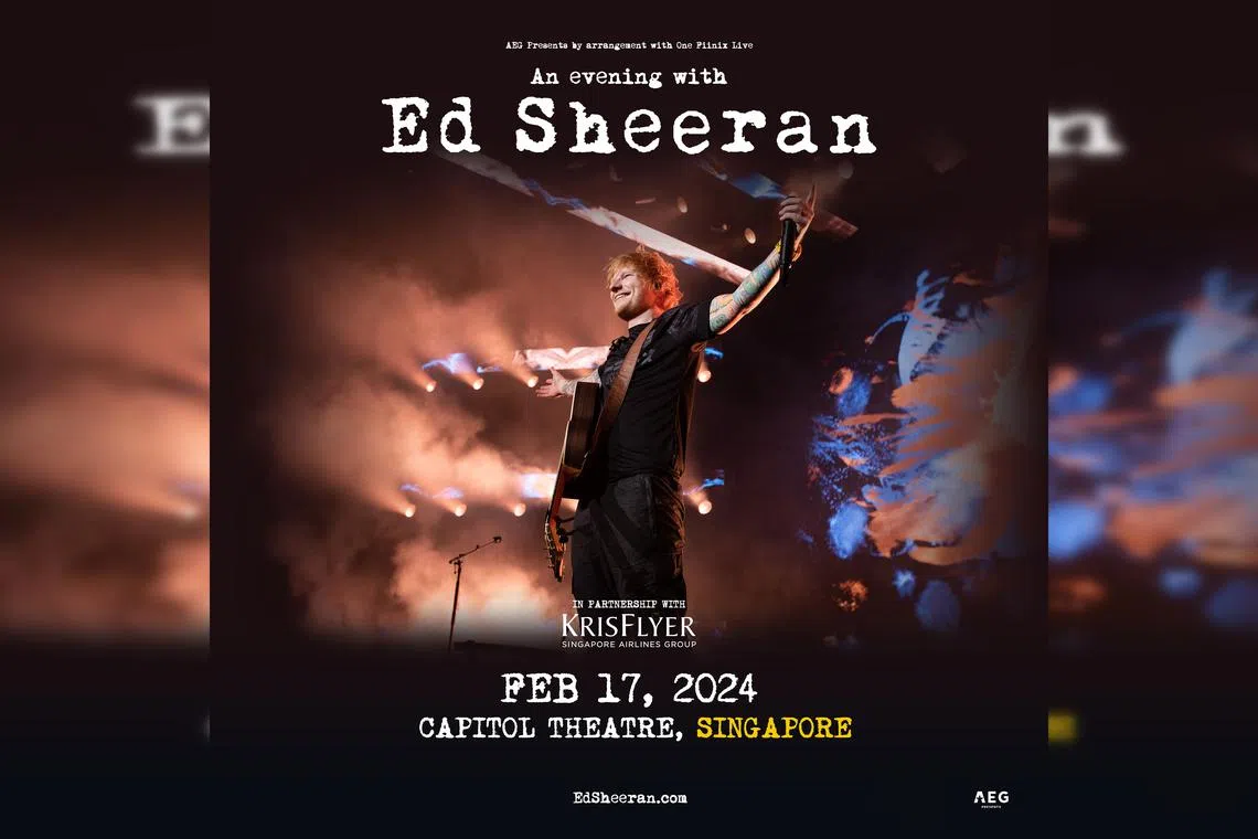British musician Ed Sheeran will hold an intimate one-night-only show at Capitol Theatre on Feb 17, 2024.